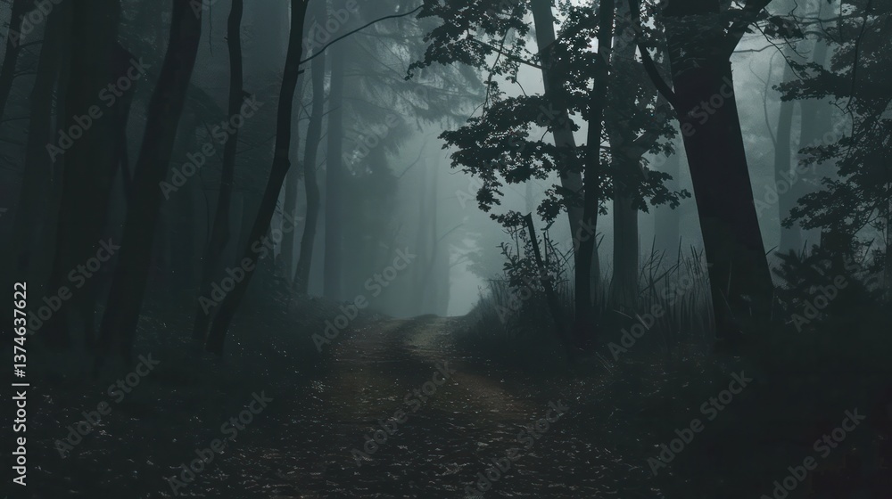 Dark trail in a mysterious misty forest