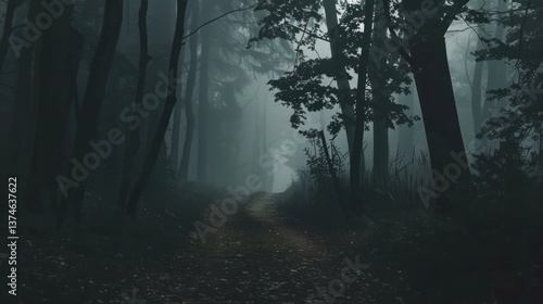 Fototapeta Naklejka Na Ścianę i Meble -  Dark forest path eerie atmosphere horror movie vibes cinematic woods misty mysterious horizontal rainforest.
