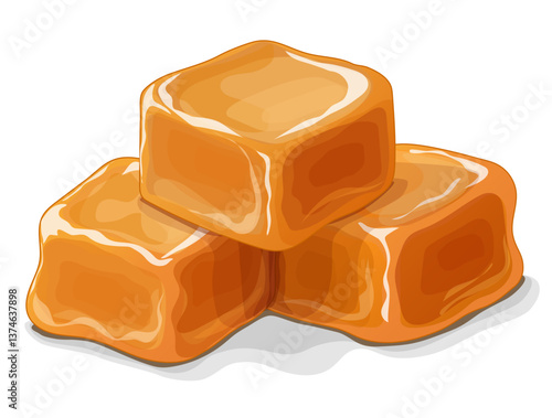 Three cubes of sweet caramel isolated on white. Pieces of soft fudge with caramel flavor. Small group of caramel candies close-up. Vector image for сonfectionery, dessert cooking, culinary ingredient