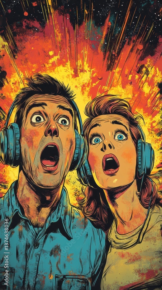 A vibrant, retro-style illustration of a man and woman in headphones, expressing shock and excitement against a colorful explosion background. A vibrant, retro-style illustration of a man and woman in headphones, expressing shock and excitement against a colorful explosion background.