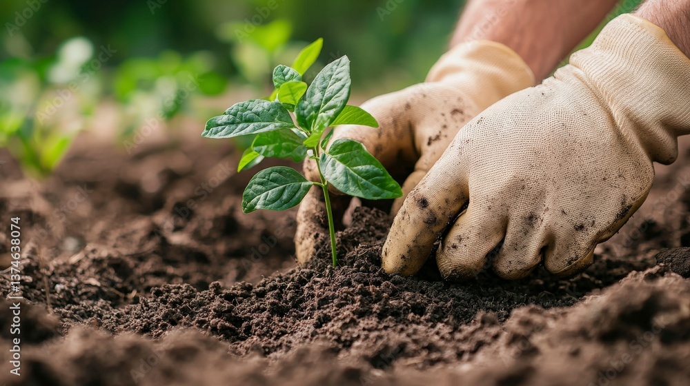 Hands in Gardening Gloves Planting Young Sapling in Rich Soil Hands in Gardening Gloves Planting Young Sapling in Rich Soil