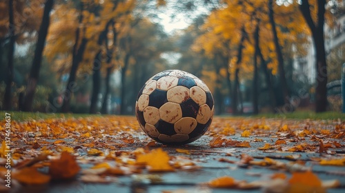 Fall foliage frames a lonely football resting on a path, inviting play amidst the colorful autumn landscape and tranquil atmosphere