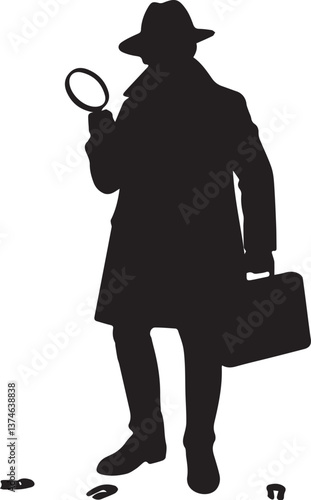 Detective Silhouette with Magnifying Glass and Footprints Vector Art