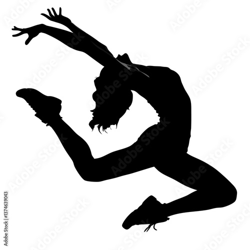 Weightlessness of dance – aerial leap of a graceful woman. Black silhouette as an icon, logo, symbol, emblem.