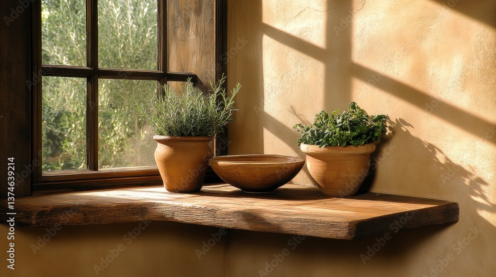 Fototapeta premium A cozy kitchen shelf adorned with potted herbs and ceramic bowls.