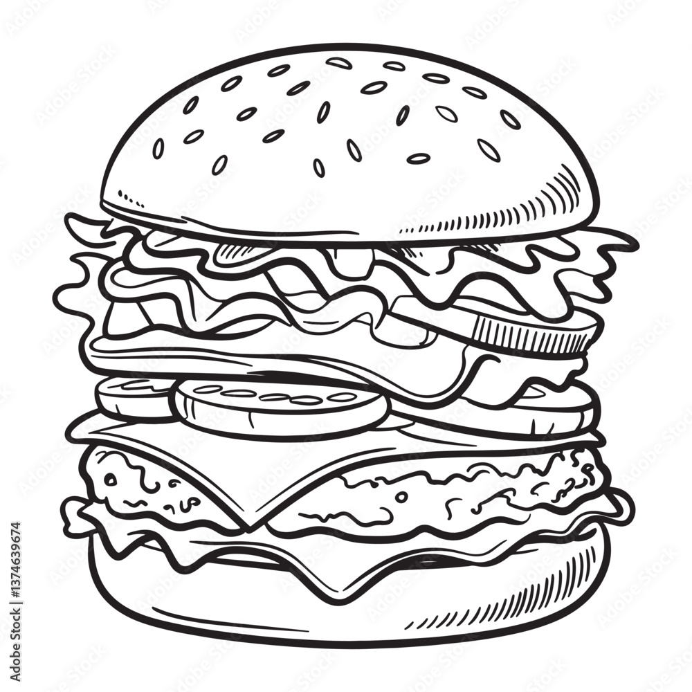 Burger line art vector illustration isolated on white background Burger line art vector illustration isolated on white background