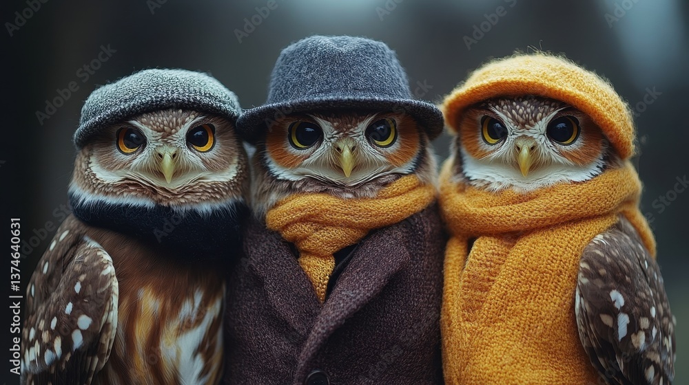Owls donned in stylish autumn attire showcase their fashionable looks against a blurred background, capturing attention in a whimsical display of avian elegance Owls donned in stylish autumn attire showcase their fashionable looks against a blurred background, capturing attention in a whimsical display of avian elegance