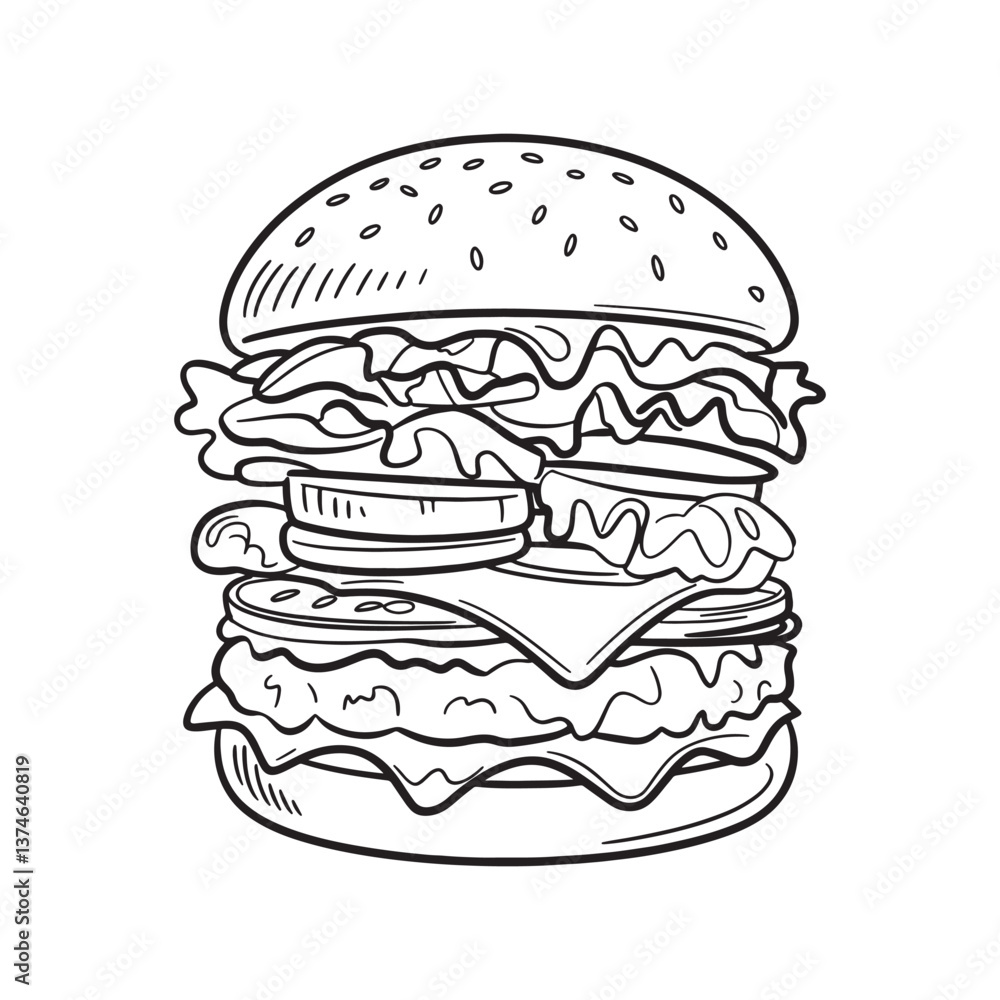 Burger line art vector illustration isolated on white background Burger line art vector illustration isolated on white background