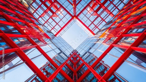 Wallpaper Mural Angular building design viewed from below, with repeating red lines forming a lattice against the blue sky in a geometric perspective. Torontodigital.ca