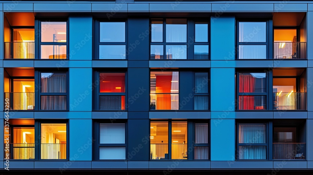 Modern apartment building showcases vibrant window lights during early evening hours in an urban setting Modern apartment building showcases vibrant window lights during early evening hours in an urban setting