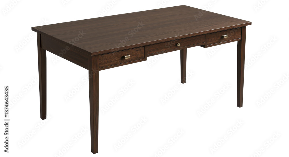 A brown wooden desk with three drawers and a simple design on a black isolated background view A brown wooden desk with three drawers and a simple design on a black isolated background view