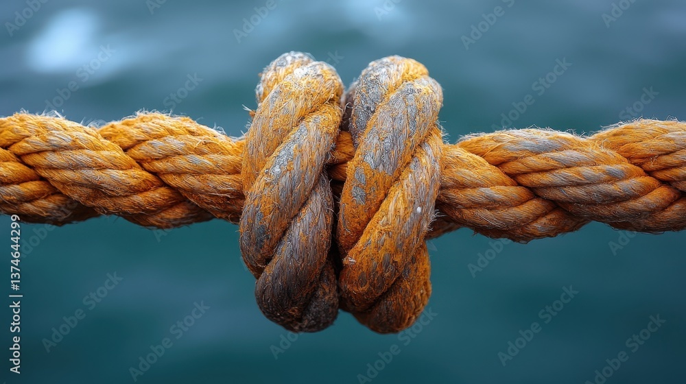Detailed view of a sturdy sea knot entwined in well-worn rope against the backdrop of a shimmering ocean Detailed view of a sturdy sea knot entwined in well-worn rope against the backdrop of a shimmering ocean