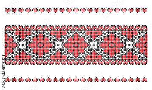 Traditional Ukrainian vyshyvanka pixel pattern with floral and hearts ornament in red and black