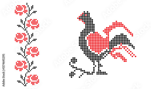 Bird and flowers red and black pixel ornament from southern Ukraine embroidery traditional patterns