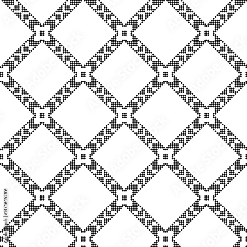 Decorative geometric pixel ornament seamless pattern with black and white decor