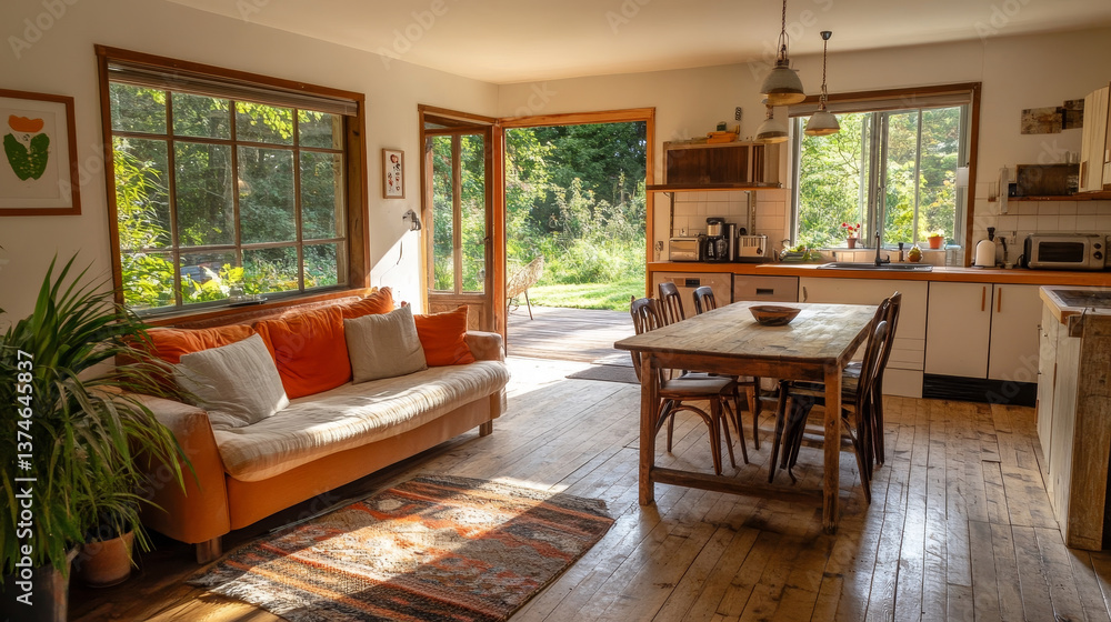 Fototapeta premium Cozy scandinavian open space with dining, living room and kitchen with design sofa and family table. Bright and sunny room with big windows and brown wooden parquet. 