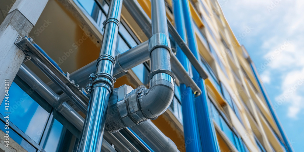 Naklejka premium Urban high rise building plumbing system in detail Generative AI
