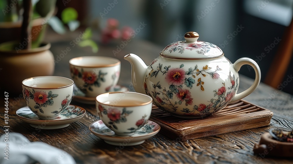 Fototapeta premium Delicate tea set showcased on a rustic wooden table, inviting warmth and conversation in a cozy afternoon gathering filled with floral elegance