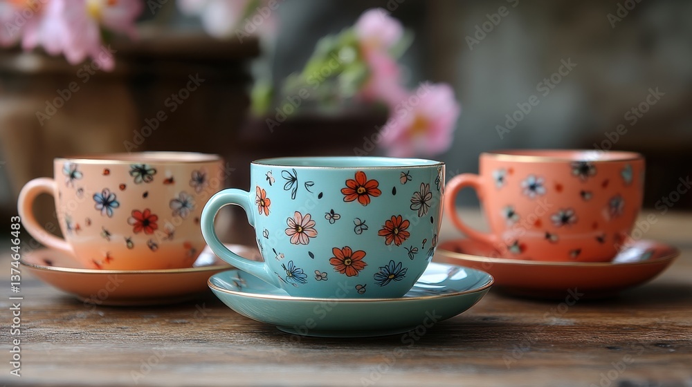 Fototapeta premium Charming tea set showcases vibrant floral designs, perfect for afternoon gatherings and cozy moments in a quaint café setting