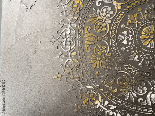 Wallpaper Mural Golden and silver embossed floral mandala pattern on black wall, elegant and ornate detail, interior design, concept of luxury décor, modern art, textured surface, cultural influence, fine detail Torontodigital.ca