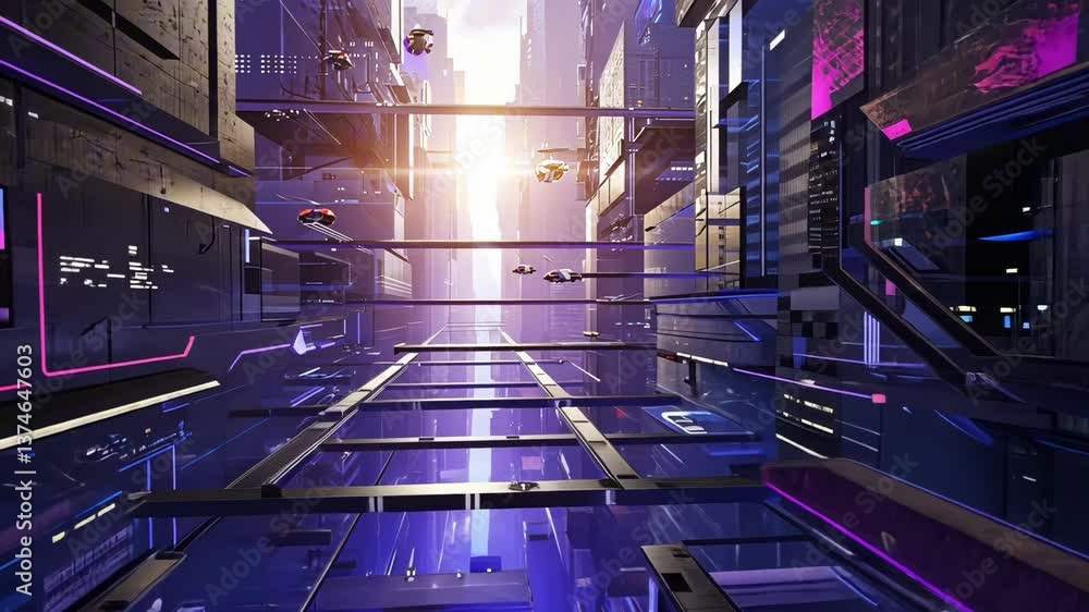 Futuristic flying cars travel through a neon lit metropolis at sunset Futuristic flying cars travel through a neon lit metropolis at sunset