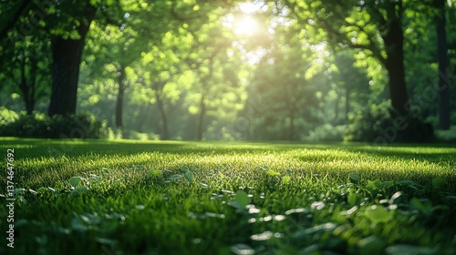 Illuminated moments of a playful white rabbit frolicking on a sunlit green grass carpet under a dreamy canopy of trees in a tranquil woodland setting