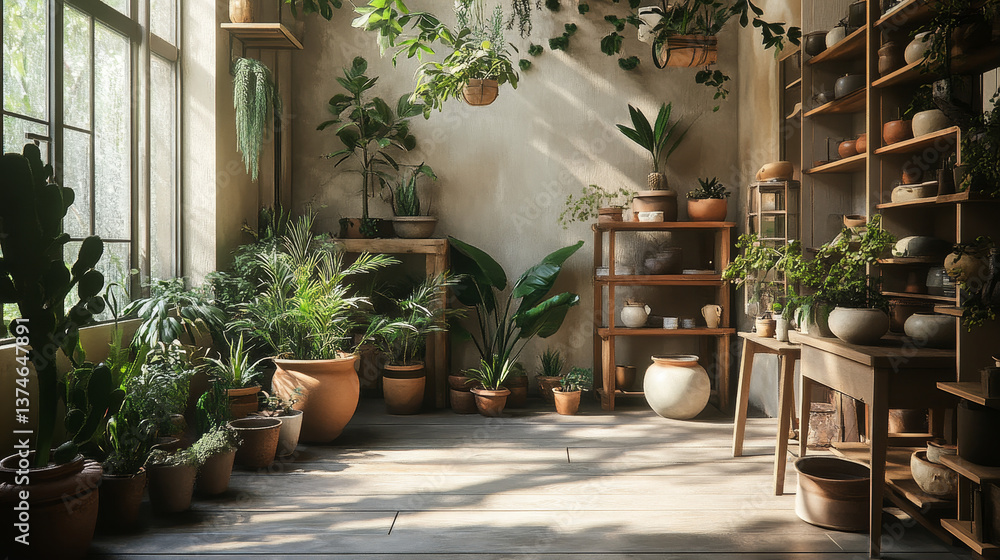 Fototapeta premium Earthy living space featuring hanging plants, ceramic vessels, and soft natural light, creating a serene atmosphere.