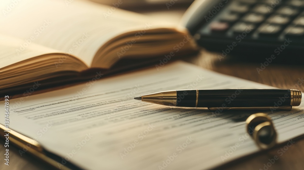 Fototapeta premium A calculator pen and financial ledger on a wooden desk ready for budgeting.