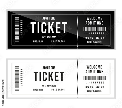 Ticket, Retro Ticket Design Template, Date and Time, Entry Only, Vintage, Cinema, Circus, Carnival, Movie, Festival, etc. Ticket Vector Paper, Ticket Barcode, Numbers