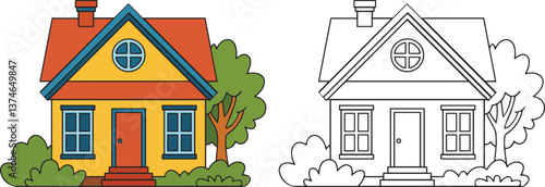 House Illustration, Colored and Outline coloring page Vector Set