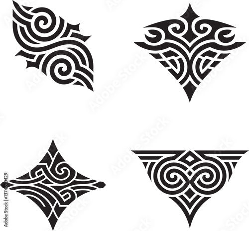 Four Tribal Black and White Silhouette Tattoo Designs Vector for Body Art