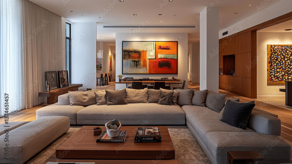 Contemporary interior with a modular sofa, abstract art, and layered textures. A calm and inviting living space. Contemporary interior with a modular sofa, abstract art, and layered textures. A calm and inviting living space.