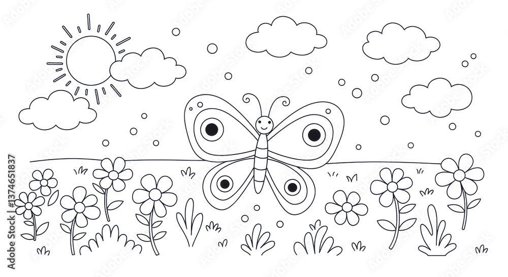 A black and white line drawing of a butterfly in a field of flowers under a cloudy sky with sun A black and white line drawing of a butterfly in a field of flowers under a cloudy sky with sun