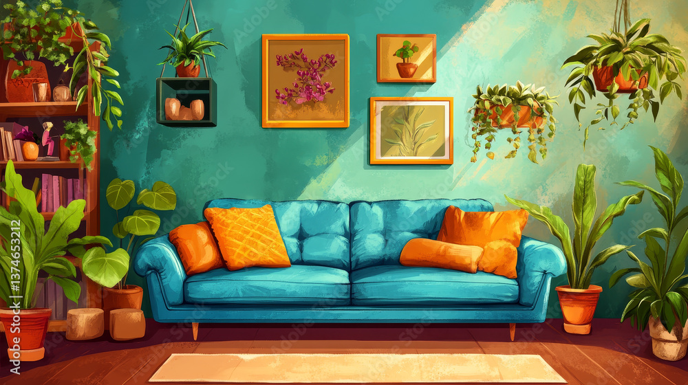 Fototapeta premium Modern and colorful interior of living room with design boucle sofa, mock up poster, shelf, plants, decorations and personal stuff. Home decor. 