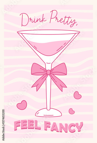 Vintage Coquette Glass Cocktail with Pink Ribbon Bow. Aesthetic Drink on Groovy Distorted Stripe Background. Romantic Girly Vibe. Vector illustration. Trendy poster with Motivational Quote Slogan