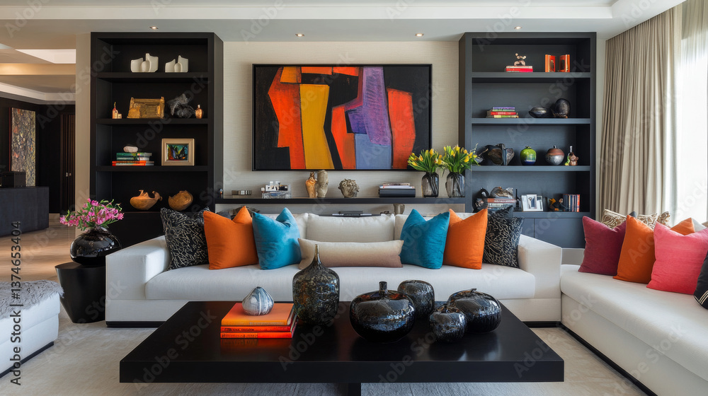 Stylish interior of colorful living room with design white sofa, black shelf with vases, book and personal accessories. Modern home decor. Template.