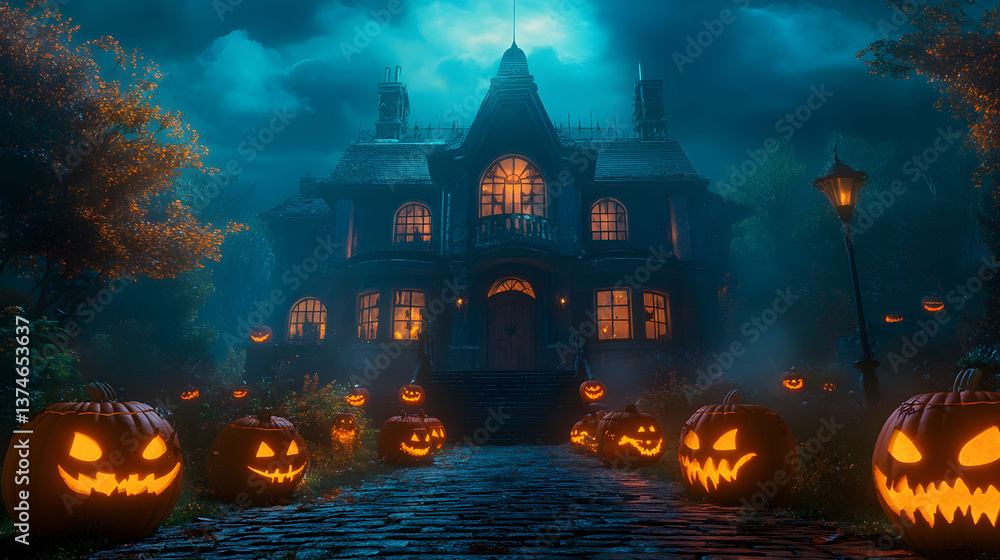 Haunted Mansion Halloween Night: Jack-o'-lanterns illuminate the path to a mysterious Victorian house shrouded in an eerie blue mist, creating a captivating Halloween scene. Haunted Mansion Halloween Night: Jack-o'-lanterns illuminate the path to a mysterious Victorian house shrouded in an eerie blue mist, creating a captivating Halloween scene.
