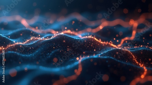 A futuristic 3D digital landscape with glowing data streams and network connections, symbolizing AI-driven digital solutions and modern technological advancements.
