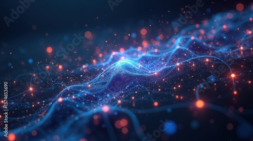 A futuristic 3D digital landscape with glowing data streams and network connections, symbolizing AI-driven digital solutions and modern technological advancements.