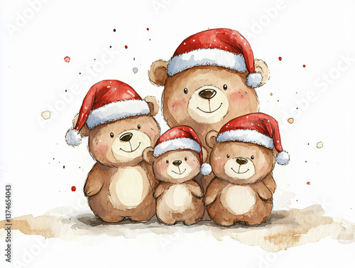Christmas bear family hat watercolor animal winter holiday group parent child smiling costume festive snow colorful fur cartoon drawing joy happiness cute character illustration clipart season