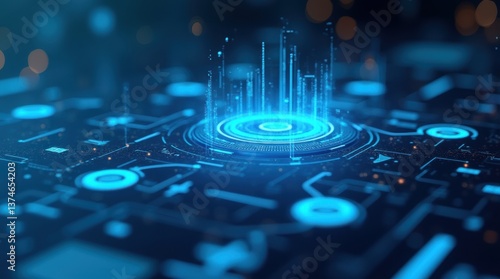 A high-tech digital interface with holographic data and glowing UI elements, representing advanced digital solutions, innovation, and futuristic technology.