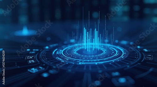 A high-tech digital interface with holographic data and glowing UI elements, representing advanced digital solutions, innovation, and futuristic technology.