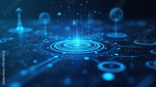 A high-tech digital interface with holographic data and glowing UI elements, representing advanced digital solutions, innovation, and futuristic technology.