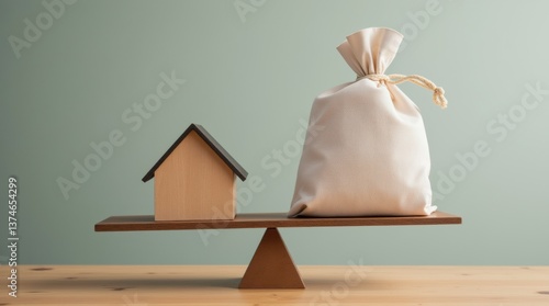 Home loan, reverse mortgage and saving for a real estate concept : house model, loan bag on basic balance scale, depicts saving for a house or flat manageable and turn a home buying dream into reality