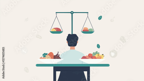 illustration of a person sitting at a table with a plate of healthy and unhealthy food choices, scales above the plate showing an imbalance, symbolizing slow metabolism and poor digestion