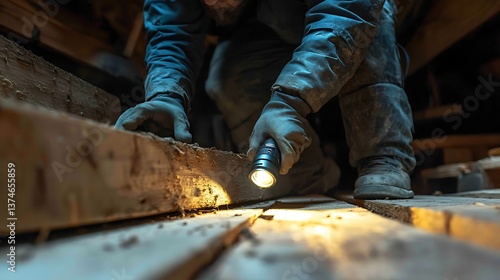 Worker in protective clothing inspecting wooden boards with flashlight. Checking for termite damage in wooden structures. Pest control and wood maintenance. Termite Awareness Week