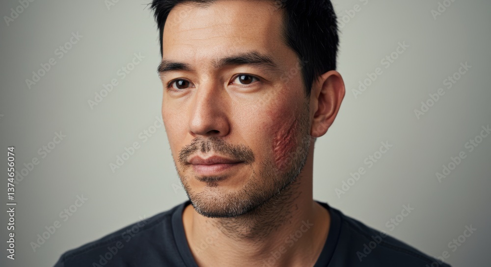 Man displaying contemplation with a scarred face against a plain background Man displaying contemplation with a scarred face against a plain background