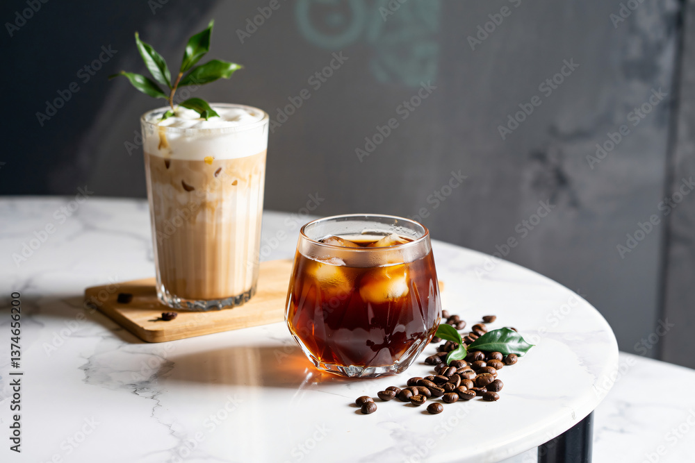 frosty iced coffees in elegant glassware with artisan coffee beans scattered nearby frosty iced coffees in elegant glassware with artisan coffee beans scattered nearby