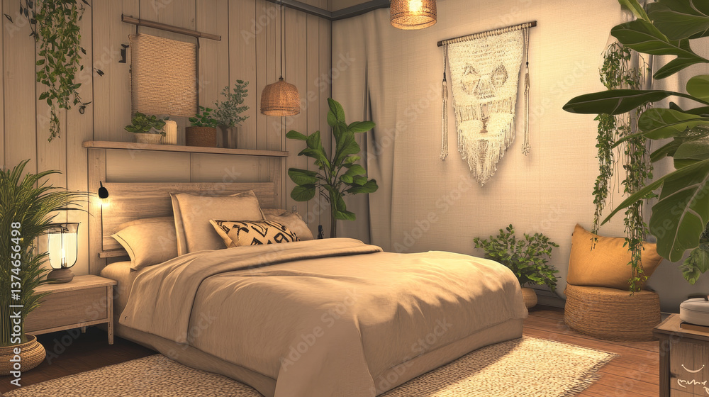 Fototapeta premium Cozy composition of bedroom interior with mock up poster frame, stylish bed, beige bedding, lamp, plants in pots, vase with leaves, wall with stucco and personal accessories. Home decor. Template.