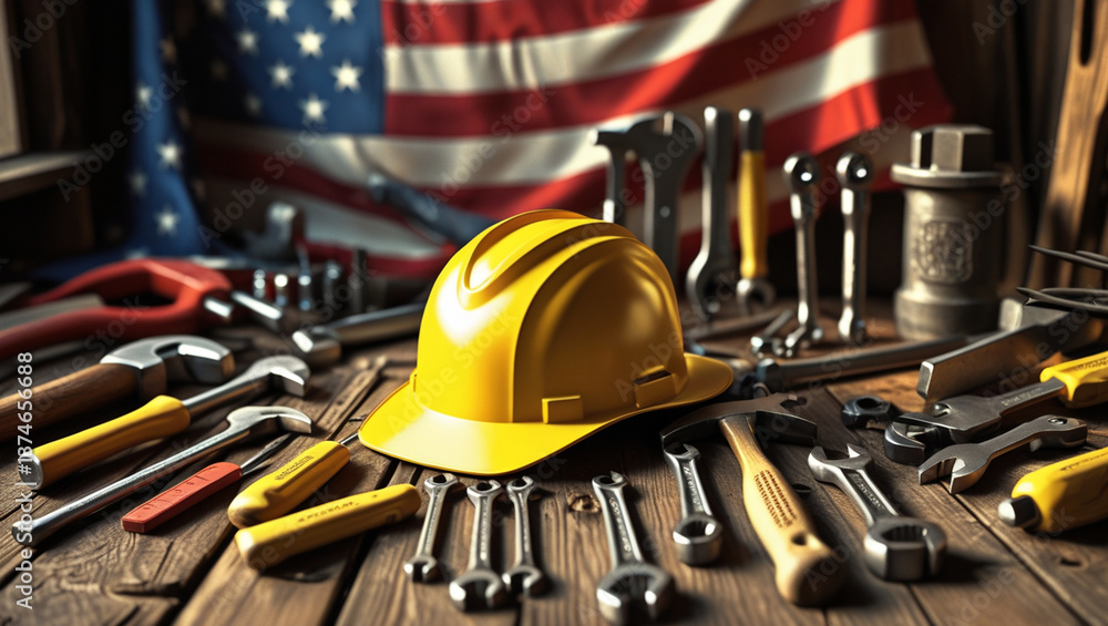 Labor Day themed image featuring various tools, a yellow industrial helmet, and an American flag on a wooden surface Labor Day themed image featuring various tools, a yellow industrial helmet, and an American flag on a wooden surface